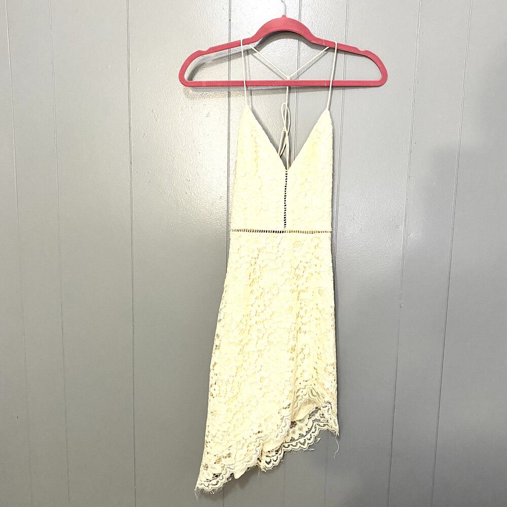 NBD Revolve Cream Only Yours Lace Asymmetrical Strappy Back Mini Dress XS - Picture 2 of 9
